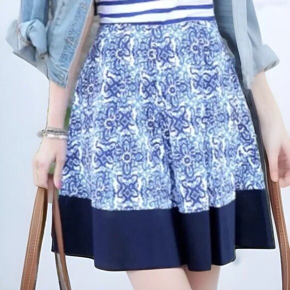 Milly Blue Asymmetrical Tile Skirt Womens Size M Pleated Floral Paisley Print - Picture 1 of 8